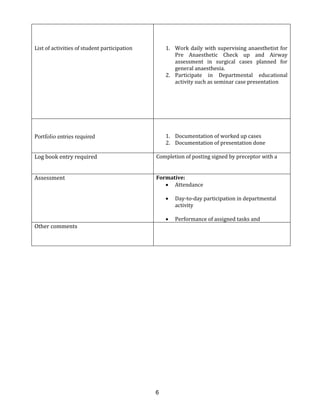 6
List of activities of student participation 1. Work daily with supervising anaesthetist for
Pre Anaesthetic Check up and Airway
assessment in surgical cases planned for
general anaesthesia.
2. Participate in Departmental educational
activity such as seminar case presentation
Portfolio entries required 1. Documentation of worked up cases
2. Documentation of presentation done
Log book entry required Completion of posting signed by preceptor with a
Assessment Formative:
 Attendance
 Day-to-day participation in departmental
activity
 Performance of assigned tasks and
Other comments
 