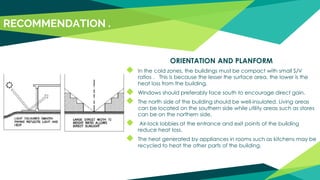 ORIENTATION AND PLANFORM
◆ In the cold zones, the buildings must be compact with small S/V
ratios . This is because the lesser the surface area, the lower is the
heat loss from the building.
◆ Windows should preferably face south to encourage direct gain.
◆ The north side of the building should be well-insulated. Living areas
can be located on the southern side while utility areas such as stores
can be on the northern side.
◆ Air-lock lobbies at the entrance and exit points of the building
reduce heat loss.
◆ The heat generated by appliances in rooms such as kitchens may be
recycled to heat the other parts of the building.
RECOMMENDATION .
 