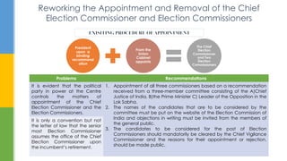 Problems Recommendations
It is evident that the political
party in power at the Centre
controls the matters of
appointment of the Chief
Election Commissioner and the
Election Commissioners.
1. Appointment of all three commissioners based on a recommendation
received from a three-member committee consisting of the A)Chief
Justice of India, B)the Prime Minister C) Leader of the Opposition in the
Lok Sabha.
2. The names of the candidates that are to be considered by the
committee must be put on the website of the Election Commission of
India and objections in writing must be invited from the members of
the general public.
3. The candidates to be considered for the post of Election
Commissioners should mandatorily be cleared by the Chief Vigilance
Commissioner and the reasons for their appointment or rejection,
should be made public.
It is only a convention but not
the letter of law that the senior
most Election Commissioner
assumes the office of the Chief
Election Commissioner upon
the incumbent’s retirement.
Reworking the Appointment and Removal of the Chief
Election Commissioner and Election Commissioners
President
upon a
binding
recommend
ation
From the
Union
Cabinet
appoints
The Chief
Election
Commissioner
and Two
Election
Commissioners
 