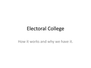Electoral College How it works and why we have it. 