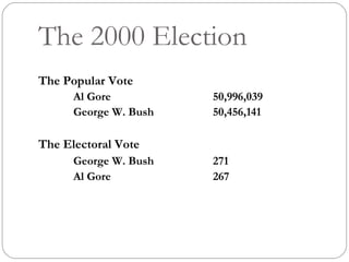The 2000 Election   The Popular Vote Al Gore 50,996,039 George W. Bush  50,456,141 The Electoral Vote George W. Bush 271 Al Gore 267 