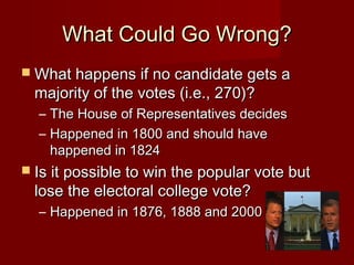 What Could Go Wrong?What Could Go Wrong?
 What happens if no candidate gets aWhat happens if no candidate gets a
majority of the votes (i.e., 270)?majority of the votes (i.e., 270)?
– The House of Representatives decidesThe House of Representatives decides
– Happened in 1800 and should haveHappened in 1800 and should have
happened in 1824happened in 1824
 Is it possible to win the popular vote butIs it possible to win the popular vote but
lose the electoral college vote?lose the electoral college vote?
– Happened in 1876, 1888 and 2000Happened in 1876, 1888 and 2000
 