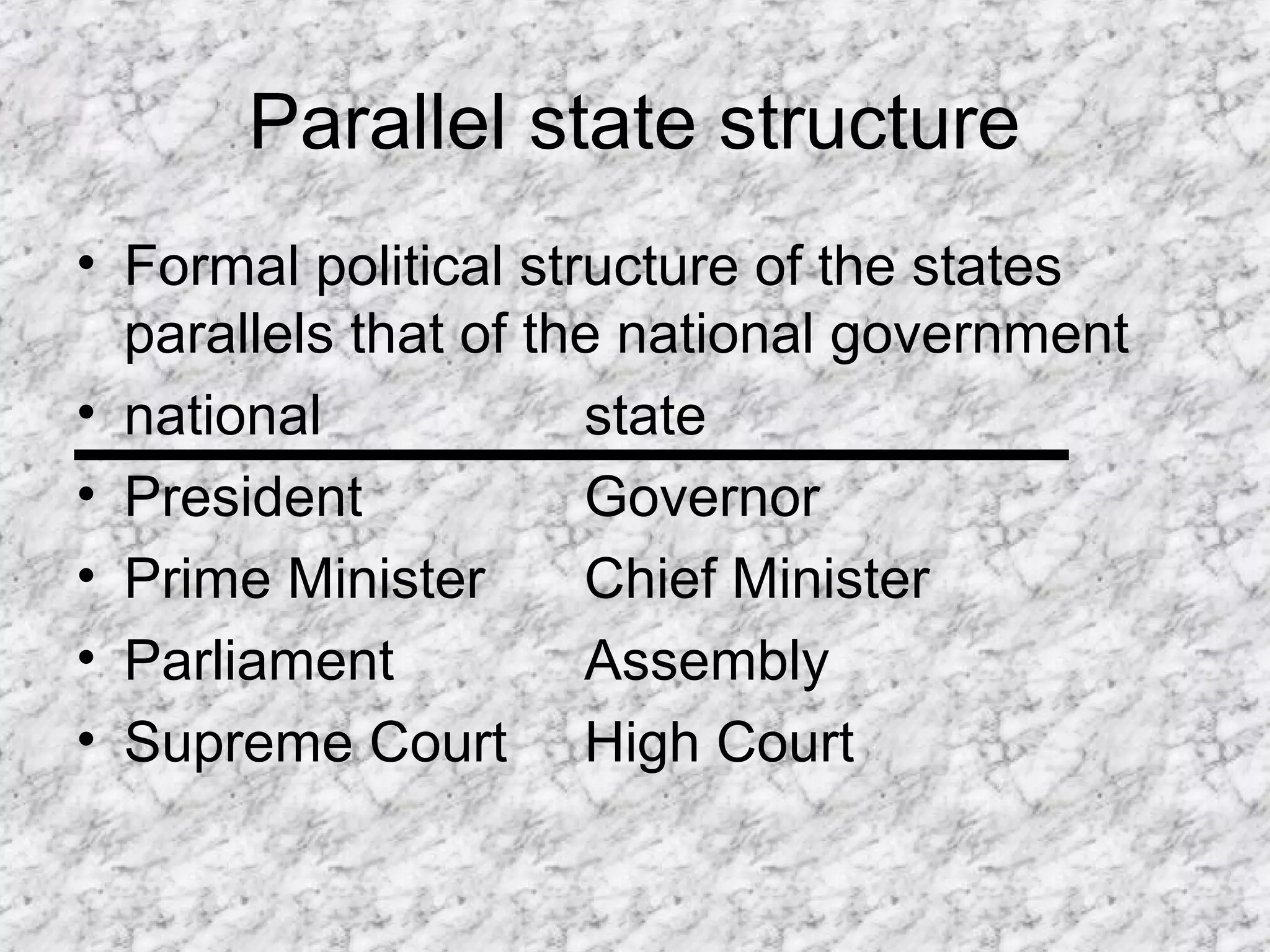 Parallel state structure
• Formal political structure of the states
parallels that of the national government
• national state
• President Governor
• Prime Minister Chief Minister
• Parliament Assembly
• Supreme Court High Court
 