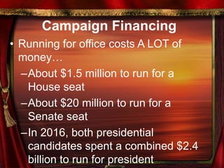 Campaign Financing
• Running for office costs A LOT of
money…
–About $1.5 million to run for a
House seat
–About $20 million to run for a
Senate seat
–In 2016, both presidential
candidates spent a combined $2.4
billion to run for president
 