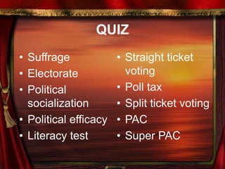 QUIZ
• Suffrage
• Electorate
• Political
socialization
• Political efficacy
• Literacy test
• Straight ticket
voting
• Poll tax
• Split ticket voting
• PAC
• Super PAC
 