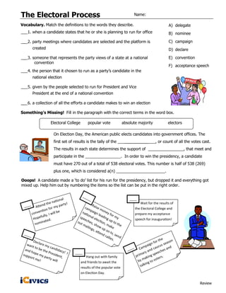 The Electoral Process                                                                 Name:

Vocabulary. Match the definitions to the words they describe.                                                 A) delegate
___1. when a candidate states that he or she is planning to run for office                                    B) nominee

___2. party meetings where candidates are selected and the platform is                                        C) campaign
         created                                                                                              D) declare

___3. someone that represents the party views of a state at a national                                        E) convention
       convention
                                                                                                              F) acceptance speech
___4. the person that it chosen to run as a party’s candidate in the
         national election

___5. given by the people selected to run for President and Vice
         President at the end of a national convention

___6. a collection of all the efforts a candidate makes to win an election

Something’s Missing! Fill in the paragraph with the correct terms in the word box.

                     Electoral College         popular vote                    absolute majority              electors

                       On Election Day, the American public elects candidates into government offices. The
                       first set of results is the tally of the _________________, or count of all the votes cast.
                       The results in each state determines the support of ________________, that meet and
                       participate in the ________________. In order to win the presidency, a candidate
                       must have 270 out of a total of 538 electoral votes. This number is half of 538 (269)
                       plus one, which is considered a(n) ______________________.

Ooops! A candidate made a ‘to do’ list for his run for the presidency, but dropped it and everything got
mixed up. Help him out by numbering the items so the list can be put in the right order.

                                            ___
                             al                _   _                               ____
                       ation !
                 the n          ty                                                       Wait for the results of
 ____ Attend              y par                    R
                                           cam aise m
                n  for m                                                              the Electoral College and
          entio           be             nati
                                                 pai        on e
     conv          I will
                                                     g
                                              ona n lead for m
                                                                y                     prepare my acceptance
            fully,                     spe                   ing
      H op e         .                    e
                                                   l el
                                                        e         u
                                                                         y            speech for inauguration!
              ated                    out ches, ction, p to t
       n omin                            ma          sho       m          he
                                             ilin         w u ake
                                                  gs,        po
                                                      att
  ___                                                     end n tv, s
     _                                                        rall      end
                                                                   ies
                                                                      .                                    he
         Dec                                                                                          or t     son
   wan       lare
                  my c                                                                         ai gn f us sea
        t to           an                                                           _ Camp           cau
                                                                                                         c
                                                                                                              and
  and        be t
                  he P didacy!                                                   ___           and eches
       h op           resid    I     ____                                                 ary
            em                                                                                        pe
 supp
      ort m y party ent,                                                             prim king s
                                            Hang out with family                            a            ers.
             e!         will                                                          b y m to vot
                                         and friends to await the                            ing
                                         results of the popular vote                    talk
                                         on Election Day.

                                                                                                                              Review
 