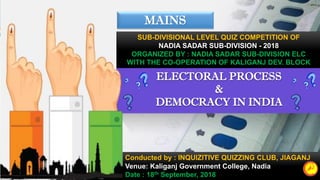 ELECTORAL PROCESS
&
DEMOCRACY IN INDIA
Conducted by : INQUIZITIVE QUIZZING CLUB, JIAGANJ
Venue: Kaliganj Government College, Nadia
Date : 18th September, 2018
MAINS
SUB-DIVISIONAL LEVEL QUIZ COMPETITION OF
NADIA SADAR SUB-DIVISION - 2018
ORGANIZED BY : NADIA SADAR SUB-DIVISION ELC
WITH THE CO-OPERATION OF KALIGANJ DEV. BLOCK
 