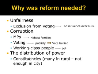    Unfairness
     Exclusion from voting               no influence over MPs

   Corruption
     MPs      richest families
     Voting      publicly        Vote bullied
     Working-class people               MP
   The distribution of power
     Constituencies (many in rural – not
     enough in city)
 