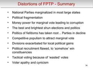 Distortions of FPTP - SummaryDistortions of FPTP - Summary
• National Parties marginalized in most large states
• Political fragmentation
• Money power for marginal vote leading to corruption
• The best and brightest shun elections and politics
• Politics of fiefdoms has taken root .. Parties in decline
• Competitive populism to attract marginal vote
• Divisions exacerbated for local political gains
• Political recruitment flawed, to ‘somehow’ win
constituencies
• Tactical voting because of ‘wasted’ votes
• Voter apathy and cynicism
34
 