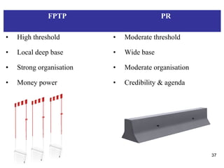 37
FPTP PR
• High threshold • Moderate threshold
• Local deep base • Wide base
• Strong organisation • Moderate organisation
• Money power • Credibility & agenda
 