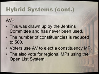 Hybrid Systems (cont.) AV+ This was drawn up by the Jenkins Committee and has never been used. The number of constituencies is reduced to 500. Voters use AV to elect a constituency MP. The also vote for regional MPs using the Open List System. 