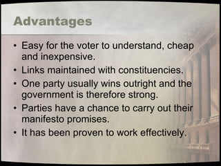 Advantages Easy for the voter to understand, cheap and inexpensive. Links maintained with constituencies. One party usually wins outright and the government is therefore strong. Parties have a chance to carry out their manifesto promises. It has been proven to work effectively. 