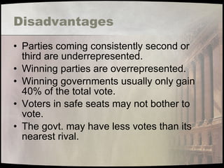 Disadvantages Parties coming consistently second or third are underrepresented. Winning parties are overrepresented. Winning governments usually only gain 40% of the total vote. Voters in safe seats may not bother to vote. The govt. may have less votes than its nearest rival. 