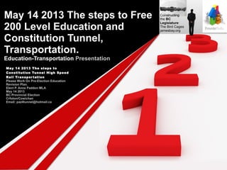 May 14 2013 The steps to Free           Constructing
                                        the BC

200 Level Education and
                                        Legislature:
                                        The Bird Cages
                                        jamesbay.org

Constitution Tunnel,
Transportation.
Education-Transportation Presentation
May 14 2013 T he steps to
Constitution Tunnel High Speed
Rail Tr anspor tation
Please Work On Pre-Election Education
Revision Plan.
Elect P. Anna Paddon MLA
May 14 2013
BC Provincial Election
Crfoton/Cowichan
Email: paz4tunnel@hotmail.ca
 