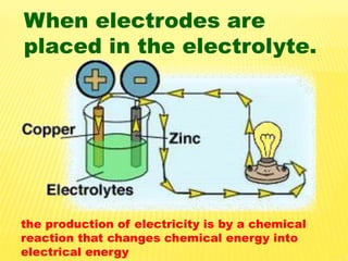 When electrodes are
placed in the electrolyte.
the production of electricity is by a chemical
reaction that changes chemical energy into
electrical energy
 