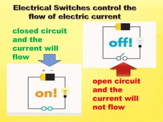 open circuit
and the
current will
not flow
closed circuit
and the
current will
flow
 