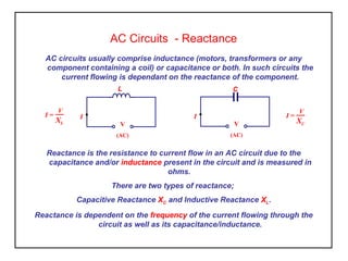 AC Circuits - Reactance
AC circuits usually comprise inductance (motors, transformers or any
component containing a coil) or capacitance or both. In such circuits the
current flowing is dependant on the reactance of the component.
I
V
(AC)
C
I
V
(AC)
L
Reactance is the resistance to current flow in an AC circuit due to the
capacitance and/or inductance present in the circuit and is measured in
ohms.
There are two types of reactance;
Capacitive Reactance XC and Inductive Reactance XL.
Reactance is dependent on the frequency of the current flowing through the
circuit as well as its capacitance/inductance.
I =
V
XL
I =
V
XC
 