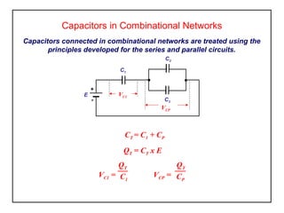 Capacitors in Combinational Networks
Capacitors connected in combinational networks are treated using the
principles developed for the series and parallel circuits.
CT = C1 + CP
QT = CT x E
VC1 = VCP =C1 CP
QT QT
VCP
E
+
-
C1
C2
C3
VC1
 