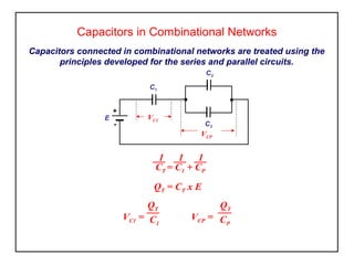 Capacitors in Combinational Networks
Capacitors connected in combinational networks are treated using the
principles developed for the series and parallel circuits.
C2
C1

E

+

-

VC1

C3

VCP

1
1
1
CT = C1 + CP
Q T = CT x E
QT
VC1 = C
1

QT
VCP = C
P

 