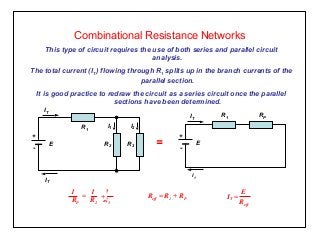 Combinational Resistance Networks
This type of circuit requires the use of both series and parallel circuit
analysis.
The total current (IT ) flowing through R1 splits up in the branch currents of the
parallel section.
It is good practice to redraw the circuit as a series circuit once the parallel
sections have been determined.
IT =
E
Reff
Reff = R1 + RP
RP R2 R3
1 1 1
= +
=E
+
-
IT
R3R2
R1
I1 I2
IT
RP
E
+
-
IT
IT
R1
 
