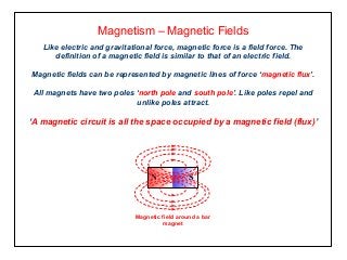 Magnetism – Magnetic Fields
Like electric and gravitational force, magnetic force is a field force. The
definition of a magnetic field is similar to that of an electric field.
Magnetic fields can be represented by magnetic lines of force ‘magnetic flux’.
All magnets have two poles ‘north pole and south pole’. Like poles repel and
unlike poles attract.
‘A magnetic circuit is all the space occupied by a magnetic field (flux)’
Magnetic field around a bar
magnet
N S
 