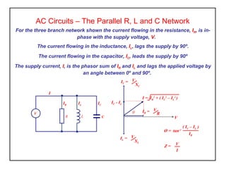 AC Circuits – The Parallel R, L and C Network
For the three branch network shown the current flowing in the resistance, IR, is in-
phase with the supply voltage, V.
The current flowing in the inductance, IL, lags the supply by 90º.
The current flowing in the capacitor, IC, leads the supply by 90º
The supply current, I, is the phasor sum of IR and IL and lags the applied voltage by
an angle between 0º and 90º.
R L
IL
I
IR
V
C
IC
Ø = tan-1
( IC – IL )
IR
Z = V
I
I = IR
2
+ ( IC
2
– IL
2
)
IR = V
R
V
θ
IL = V
XL
IC = V
XC
IC - IL
 