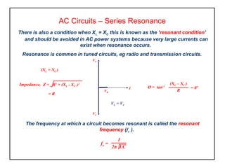 AC Circuits – Series Resonance
There is also a condition when XL = XC this is known as the ‘resonant condition’
and should be avoided in AC power systems because very large currents can
exist when resonance occurs.
Resonance is common in tuned circuits, eg radio and transmission circuits.
(XL = XC )
Ø = tan-1
(XL – XC )
R
= 0ºI
VR
VL
VC
VL = VC
The frequency at which a circuit becomes resonant is called the resonant
frequency (fo ).
fo =
2π LC
1
Z = R2
+ (XL - XC )2Impedance,
= R
 