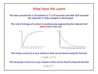 What Have We Learnt
The time constant for a LR network is T = LR seconds and after 5LR seconds
the capacitor is fully charged or discharged.
The rate of change of current is continuously opposed by the induced emf
(back emf) in the coil.
0
10
20
30
40
50
60
70
80
90
100
110
120
0
29
59
88
118
147
176
206
235
265
294
324
353
382
412
441
471
500
t
i
I
0
1
2
3
4
5
6
7
8
9
10
0
59
118
176
235
294
353
412
471
I
t
i
The decaying current (i) at any instant in time can be found using the formula
i = Io e – Rt /L
The rising current (i) at any instant in time can be found using the formula
i = Io (1 – e -R t /L
)
 