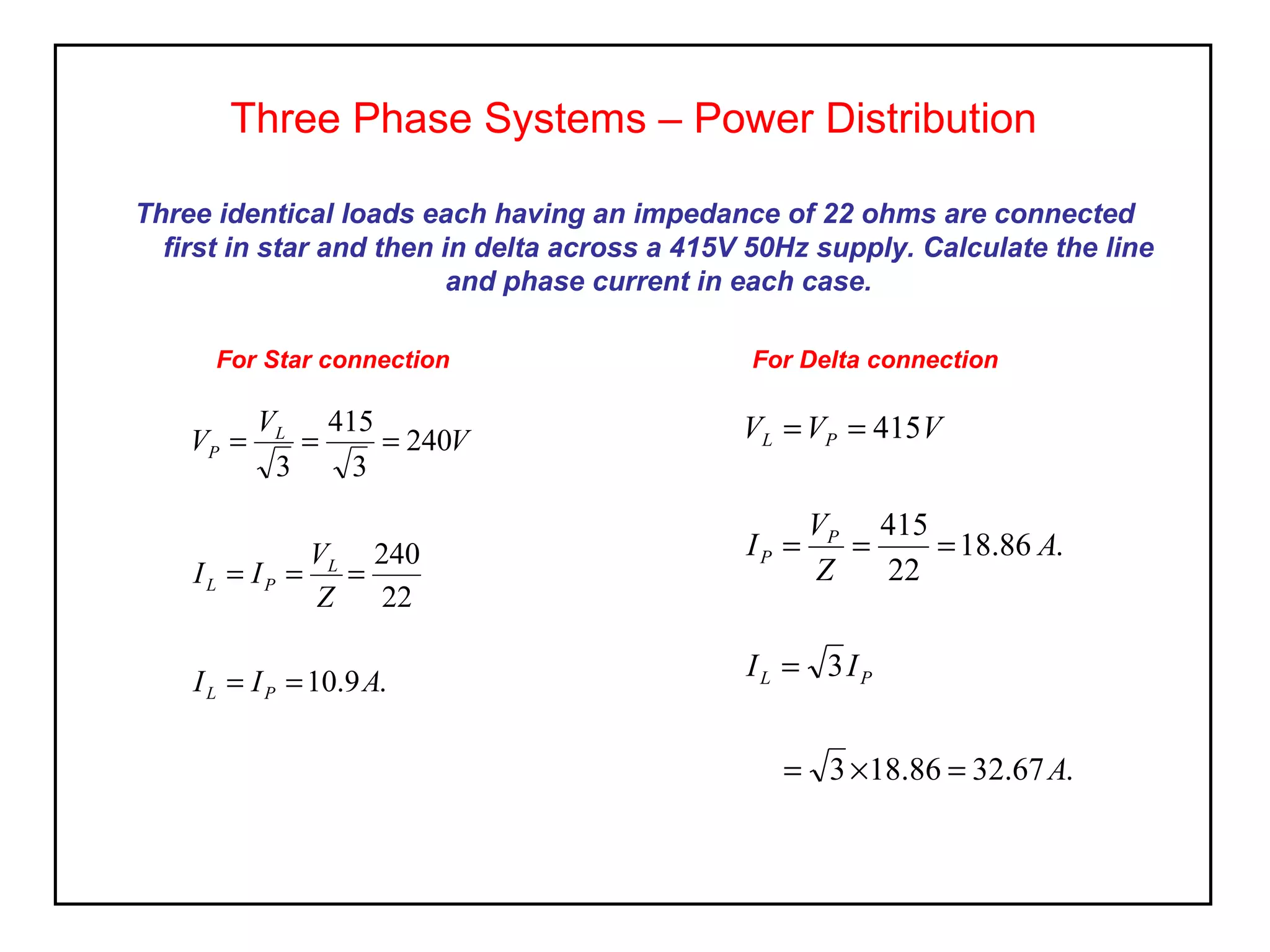 Three identical loads each having an impedance of 22 ohms are connected
first in star and then in delta across a 415V 50Hz supply. Calculate the line
and phase current in each case.
Three Phase Systems – Power Distribution
For Star connection
.9.10
22
240
240
3
415
3
AII
Z
V
II
V
V
V
PL
L
PL
L
P
==
===
===
For Delta connection
.67.3286.183
3
.86.18
22
415
415
A
II
A
Z
V
I
VVV
PL
P
P
PL
=×=
=
===
==
 