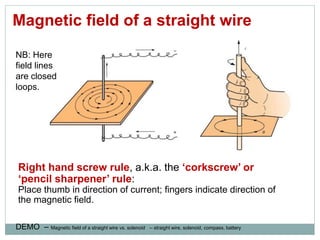 Right hand screw rule, a.k.a. the ‘corkscrew’ or
‘pencil sharpener’ rule:
Place thumb in direction of current; fingers indicate direction of
the magnetic field.
Magnetic field of a straight wire
NB: Here
field lines
are closed
loops.
DEMO – Magnetic field of a straight wire vs. solenoid -- straight wire, solenoid, compass, battery
 