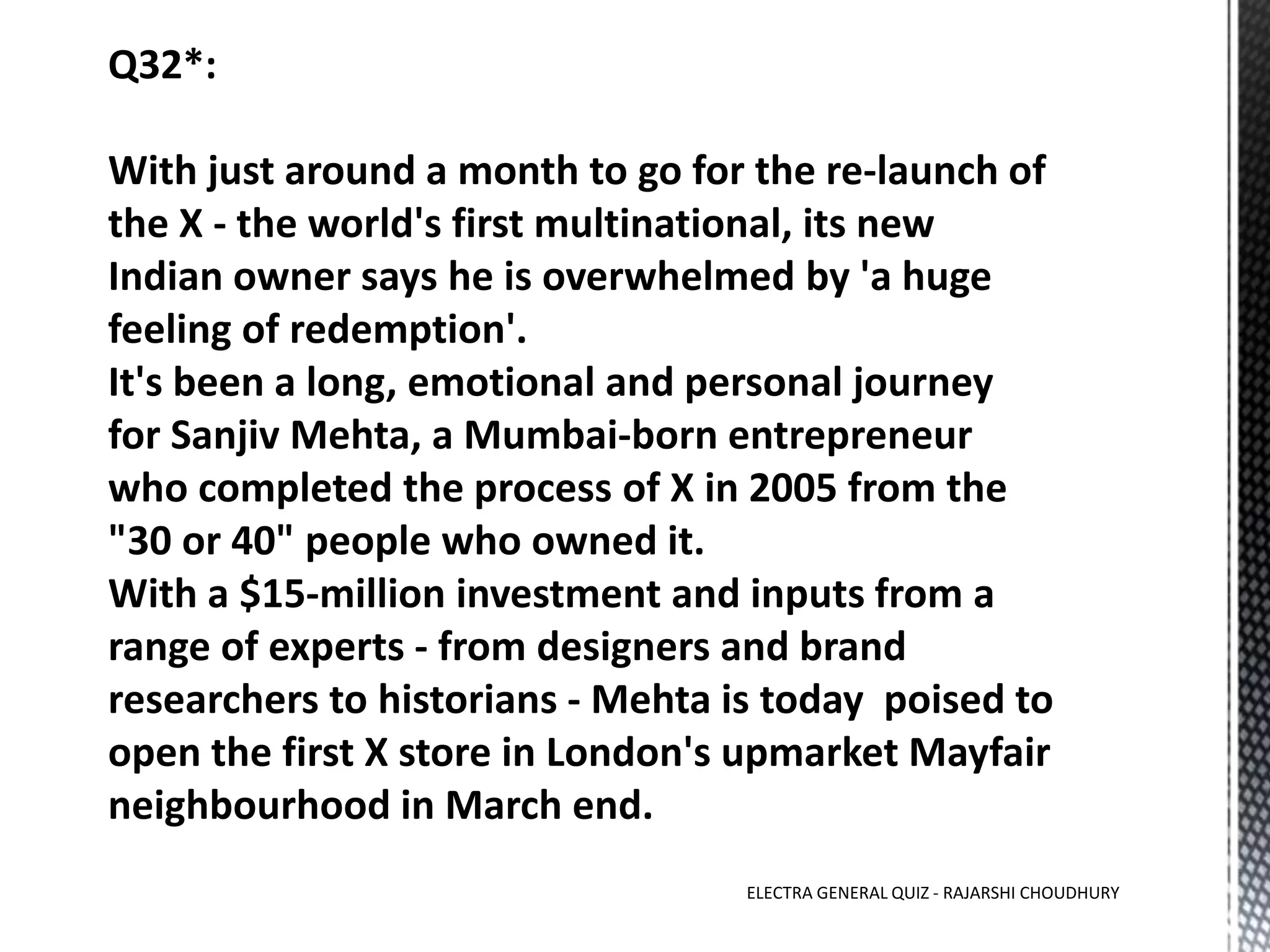 ELECTRA GENERAL QUIZ - RAJARSHI CHOUDHURY
 
