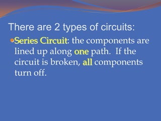 Kinetic energyThere are 2 types of currents:Direct Current (DC) – Where electrons flow in the same direction in a wire. There are 2 types of currents:Alternating Current (AC) – electrons flow in different directions in a wireThere are 2 types of circuits:Series Circuit: the components are lined up along one path.  If the circuit is broken, all components turn off.Series Circuit