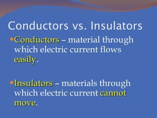 Conductors vs. Insulators Conductors  – material through which electric current flows  easily . Insulators  – materials through which electric current  cannot move . 