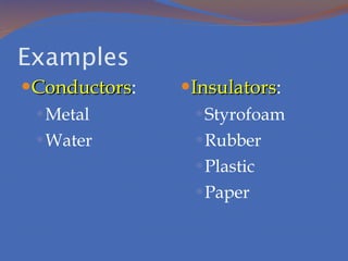 Examples Conductors : Metal Water Insulators : Styrofoam Rubber Plastic Paper 
