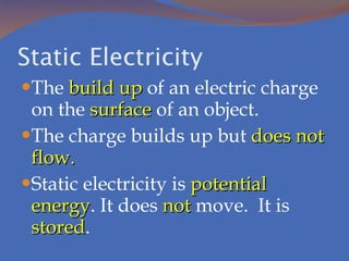 Static Electricity The  build up  of an electric charge on the  surface  of an object. The charge builds up but  does not flow. Static electricity is  potential energy . It does  not  move.  It is  stored . 
