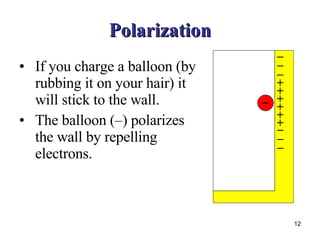 Polarization If you charge a balloon (by rubbing it on your hair) it will stick to the wall. The balloon (–) polarizes the wall by repelling electrons. 
