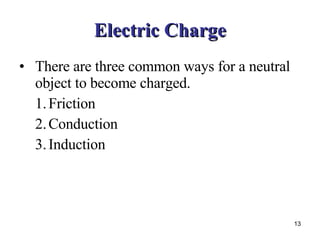 Electric Charge There are three common ways for a neutral object to become charged. Friction Conduction Induction 