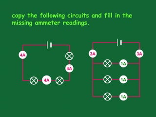 copy the following circuits and fill in the
missing ammeter readings.
?
?
4A
4A
4A
3A
?
?
1A
?
3A
1A
1A
 