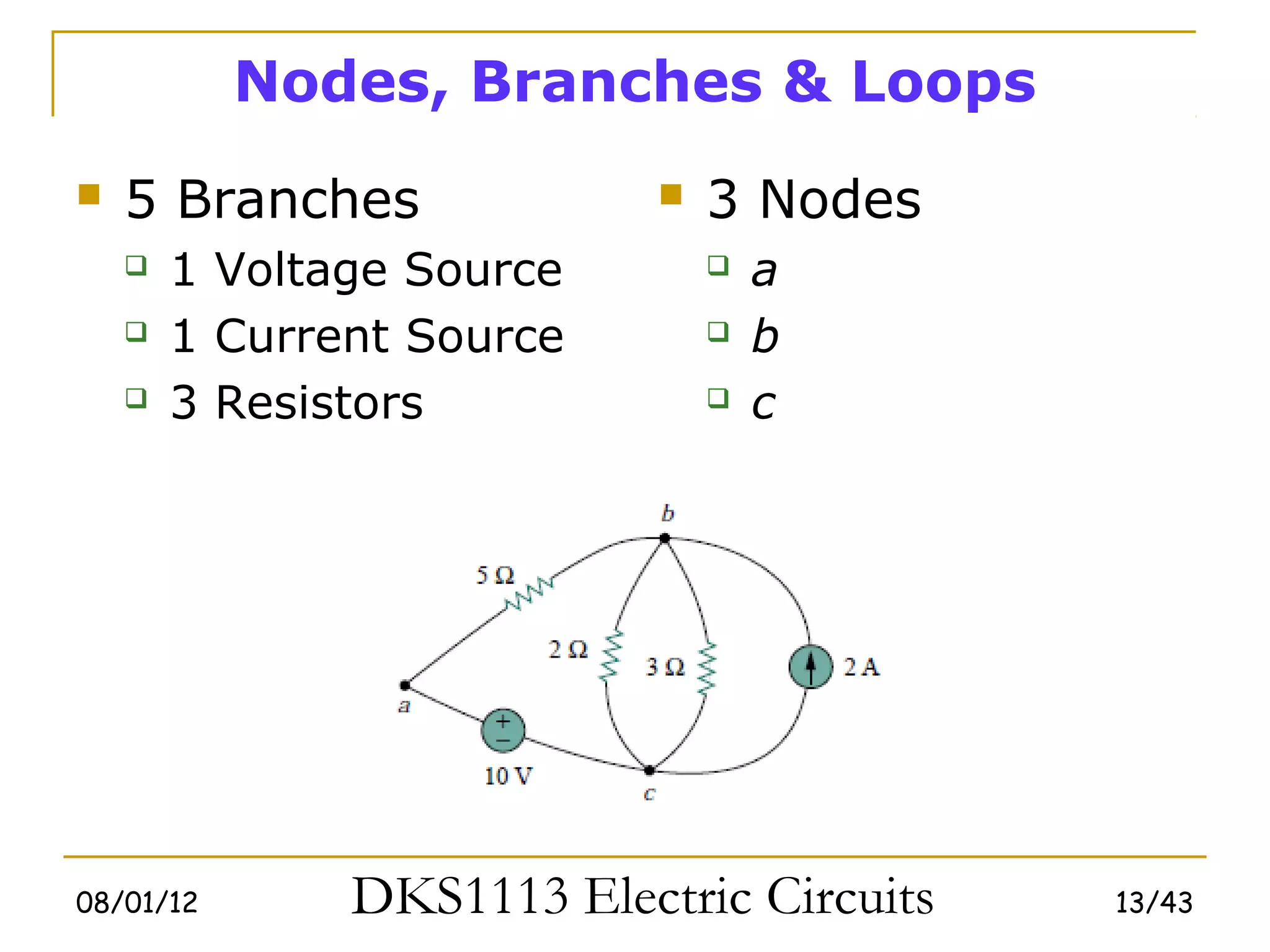 Nodes, Branches & Loops
   5 Branches                 3 Nodes
       1 Voltage Source           a
       1 Current Source           b
       3 Resistors                c




08/01/12       DKS1113 Electric Circuits   13/43
 