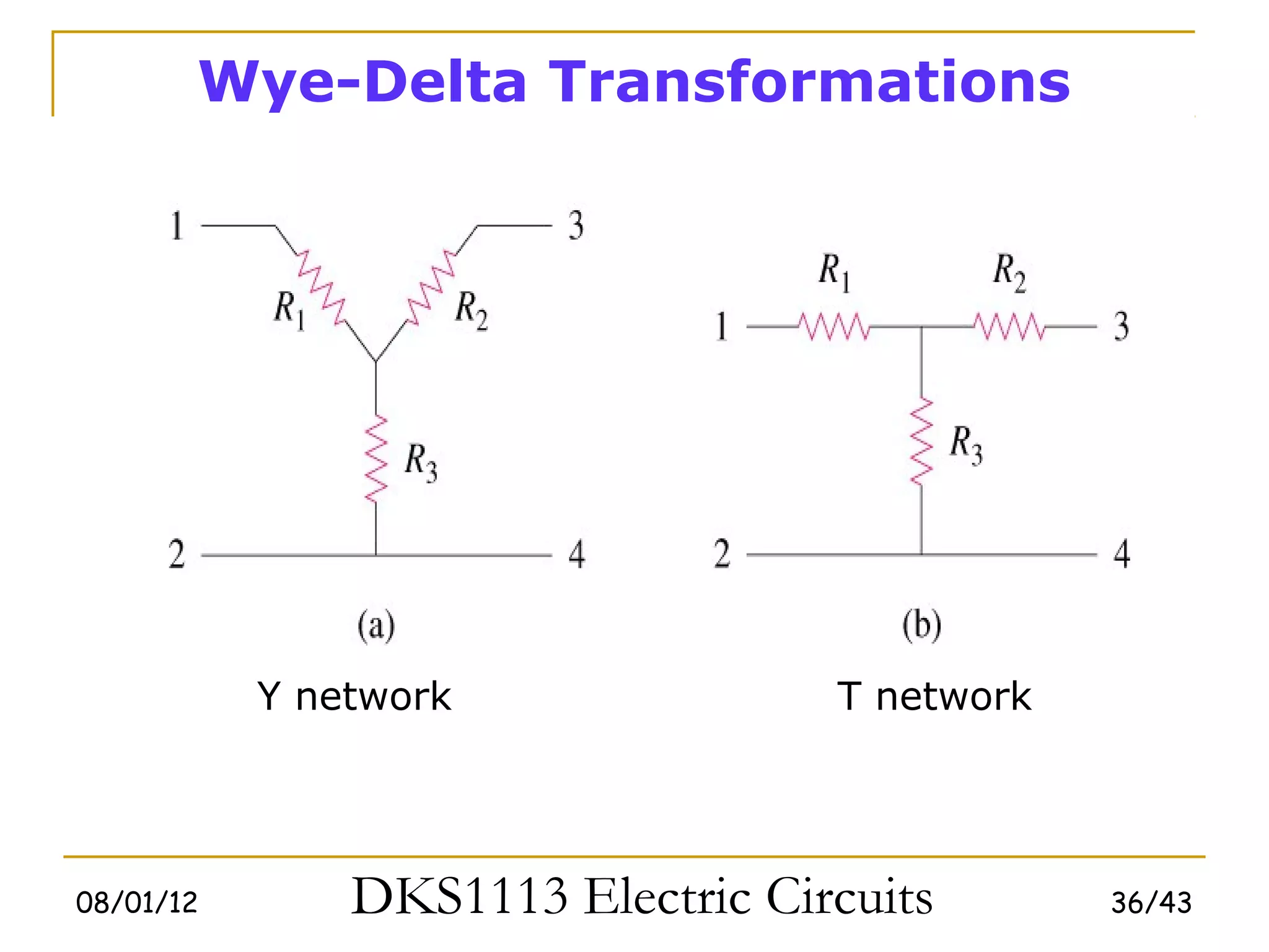 Wye-Delta Transformations




           Y network               T network




08/01/12       DKS1113 Electric Circuits       36/43
 