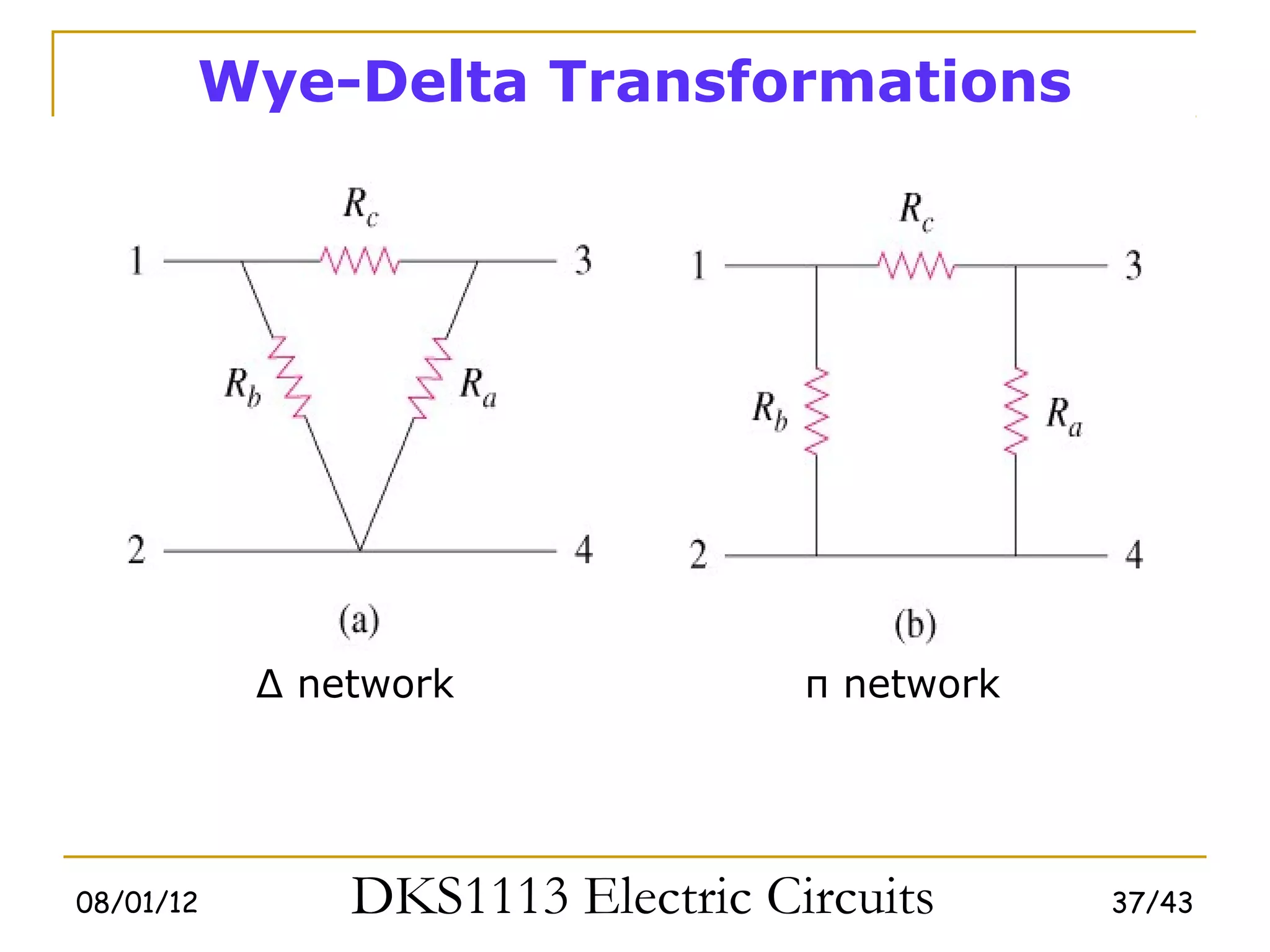 Wye-Delta Transformations




           Δ network              π network




08/01/12       DKS1113 Electric Circuits      37/43
 