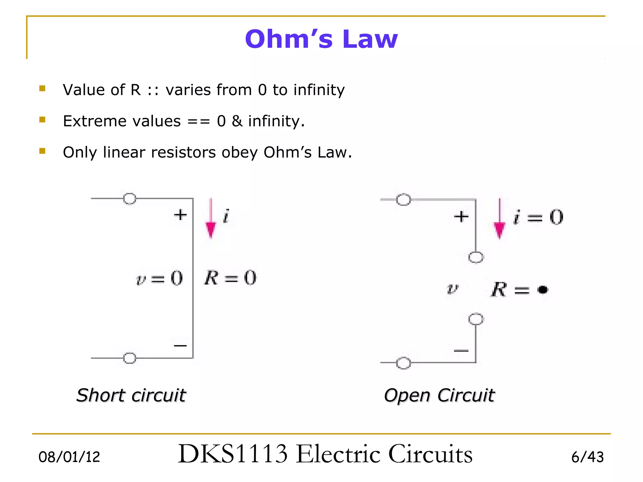 Ohm’s Law
   Value of R :: varies from 0 to infinity
   Extreme values == 0 & infinity.
   Only linear resistors obey Ohm’s Law.




     Short circuit                            Open Circuit


08/01/12           DKS1113 Electric Circuits                 6/43
 