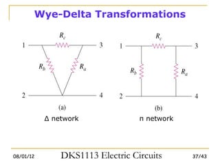 Wye-Delta Transformations




           Δ network              π network




08/01/12       DKS1113 Electric Circuits      37/43
 