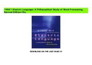 DOWNLOAD ON THE LAST PAGE !!!!
[#Download%] (Free Download) Electric Language: A Philosophical Study of Word Processing, Second Edition Ebook In this book Michael Heim provides the first consistent philosophical basis for critically evaluating the impact of word processing on our use of and ideas about language. This edition includes a new foreword by David Gelernter, a new preface by the author, and an updated bibliography. Not only important but seminal, on the cutting-edge, furrowing new conceptual territory.-Walter J. Ong, S.J. A philosopher ponders how the word processor has affected language use and our ideas about it. Heim shrewdly updates a school of thought, associated with such thinkers as Walter Ong, that maintains all changes in writing technology tend to change the way we perceive the world. His argument that word processing leads to fragmented thinking should be addressed and debated.-Carlin Romano, Philadelphia Inquirer The arguments range over all of Western philosophy (and some Eastern as well), from the ancient Greeks to contemporary phenomenology. . . . Everyone who has used a word processor will find much to think about in Heim's ideas.-David Weinberger, Byte Fascinating, clear, and well-done . . . stimulating and challenging.-Don Ihde, Philosophy and Rhetoric
^PDF^ Electric Language: A Philosophical Study of Word Processing,
Second Edition File
 