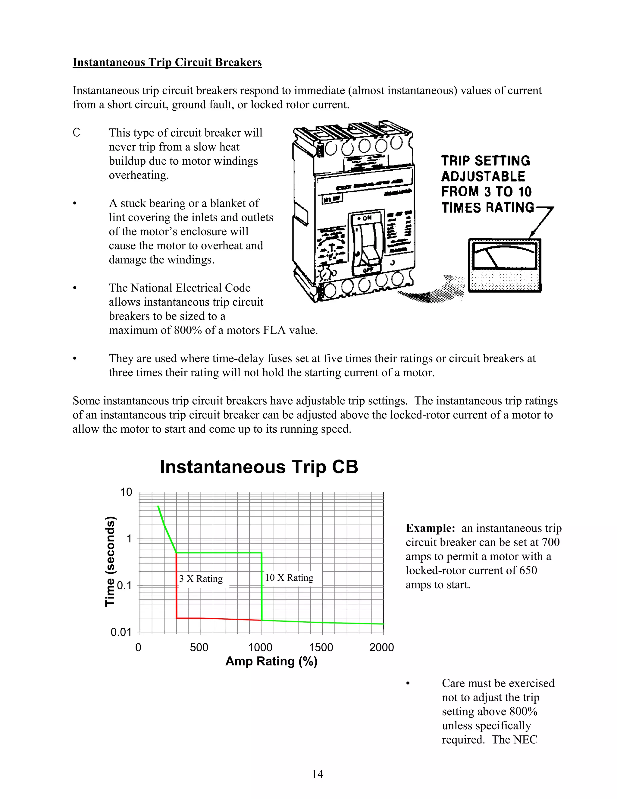 Instantaneous Trip Circuit Breakers
Instantaneous trip circuit breakers respond to immediate (almost instantaneous) values of current
from a short circuit, ground fault, or locked rotor current.
C

This type of circuit breaker will
never trip from a slow heat
buildup due to motor windings
overheating.

•

A stuck bearing or a blanket of
lint covering the inlets and outlets
of the motor’s enclosure will
cause the motor to overheat and
damage the windings.

•

The National Electrical Code
allows instantaneous trip circuit
breakers to be sized to a
maximum of 800% of a motors FLA value.

•

They are used where time-delay fuses set at five times their ratings or circuit breakers at
three times their rating will not hold the starting current of a motor.

Some instantaneous trip circuit breakers have adjustable trip settings. The instantaneous trip ratings
of an instantaneous trip circuit breaker can be adjusted above the locked-rotor current of a motor to
allow the motor to start and come up to its running speed.

Instantaneous Trip CB
Time (seconds)

10

Example: an instantaneous trip
circuit breaker can be set at 700
amps to permit a motor with a
locked-rotor current of 650
amps to start.

1

3 X Rating

0.1

10 X Rating

0.01
0

500

1000

1500

2000

Amp Rating (%)
•

14

Care must be exercised
not to adjust the trip
setting above 800%
unless specifically
required. The NEC

 