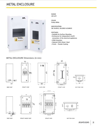 METALENCLOSURE
WARNING
-
-----
:::;-,.::,
::
::.
t"'...
:.
METAL ENCLOSURE Dimensions (in mm)
RANGE
DP & FP
COLOR
Pretty White
SPECIFICATION
IEC 61439-3, IS:13032 & IS:8623
FEATURES
• Suitable for Surface Mounting
•Enclosures for independent cutoff/
connection of the electrical appliances
• IP30 Protection
• Material CRCA Sheet Steel
• Finish - Powder Coating
70 60
0 M.
36
C
D0
'
S
f
".
.
.
.
.
r
-
-
0 E
l
l
i
)
C0
L
t
'
.
!
I
.
.
.
.
. 0
+
.
.
.
.
.
.
.
.
.
.
+
t
0
.
.
.
.
.
®J1tt----+�LO
- - - - + - - - - ' - . . -
25
SIDE VEW FRONT V EW
60
S DE V EW FRONT V EW BOTTOM V EW
--@
-t�LO
__
.
.
.
.
.
25
SIDE VIEW
1
0
8
0 M.
72
I
0
FRONT INSIDE VIEW
C
D
'
S
f
"
91.7411.0
78.2±0.5
0 0 0 0
L
iL
i L
i u
0 0 0 0
FRONT VIEW
-------62±1.
0
C-- -<:18±0,!.----------<--
BOTTOM VIEW
R
RS
W
I
T
C
H
G
E
A
R
S 3
2
 