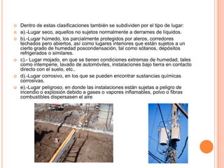    Dentro de estas clasificaciones también se subdividen por el tipo de lugar:
   a).-Lugar seco, aquellos no sujetos normalmente a derrames de líquidos.
   b).-Lugar húmedo, los parcialmente protegidos por aleros, corredores
    techados pero abiertos, así como lugares interiores que están sujetos a un
    cierto grado de humedad poscondensación, tal como sótanos, depósitos
    refrigerados o similares.
   c).- Lugar mojado, en que se tienen condiciones extremas de humedad, tales
    como intemperie, lavado de automóviles, instalaciones bajo tierra en contacto
    directo con el suelo, etc..
   d).-Lugar corrosivo, en los que se pueden encontrar sustancias químicas
    corrosivas.
   e).-Lugar peligroso, en donde las instalaciones están sujetas a peligro de
    incendio o explosión debido a gases o vapores inflamables, polvo o fibras
    combustibles dispersasen el aire
 