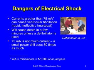 Dangers of Electrical Shock Currents greater than 75 mA* can cause ventricular fibrillation (rapid, ineffective heartbeat) Will cause death in a few minutes unless a defibrillator is used  75 mA is not much current – a small power drill uses 30 times as much * mA = milliampere = 1/1,000 of an ampere Defibrillator in use 