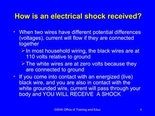 How is an electrical shock received? When two wires have different potential differences (voltages), current will flow if they are connected together In most household wiring, the black wires are at 110 volts relative to ground The white wires are at zero volts because they are connected to ground If you come into contact with an energized (live) black wire, and you are also in contact with the white grounded wire, current will pass through your body and YOU WILL RECEIVE  A SHOCK 