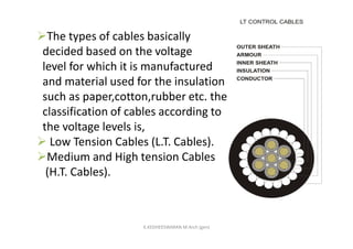 The types of cables basically
decided based on the voltage
level for which it is manufactured
and material used for the insulation
such as paper,cotton,rubber etc. the
classification of cables according to
the voltage levels is,
 Low Tension Cables (L.T. Cables).
Medium and High tension Cables
(H.T. Cables).
K.KEDHEESWARAN M.Arch (gen)
 